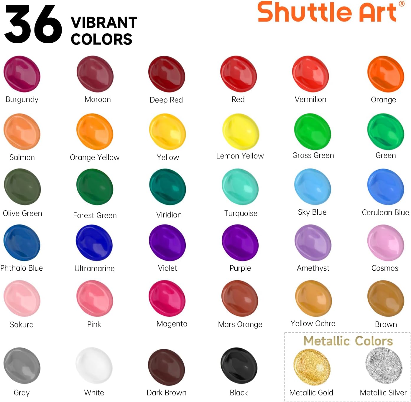 Shuttle Art Acrylic Paint. 36 Colors Acrylic Paint Set with Brushes & Palette. 2oz/60ml Bottles. Rich Pigments Non-toxic for Artists Kids & Adults. Painting on Canvas Rocks Ceramic Wood - Image 3