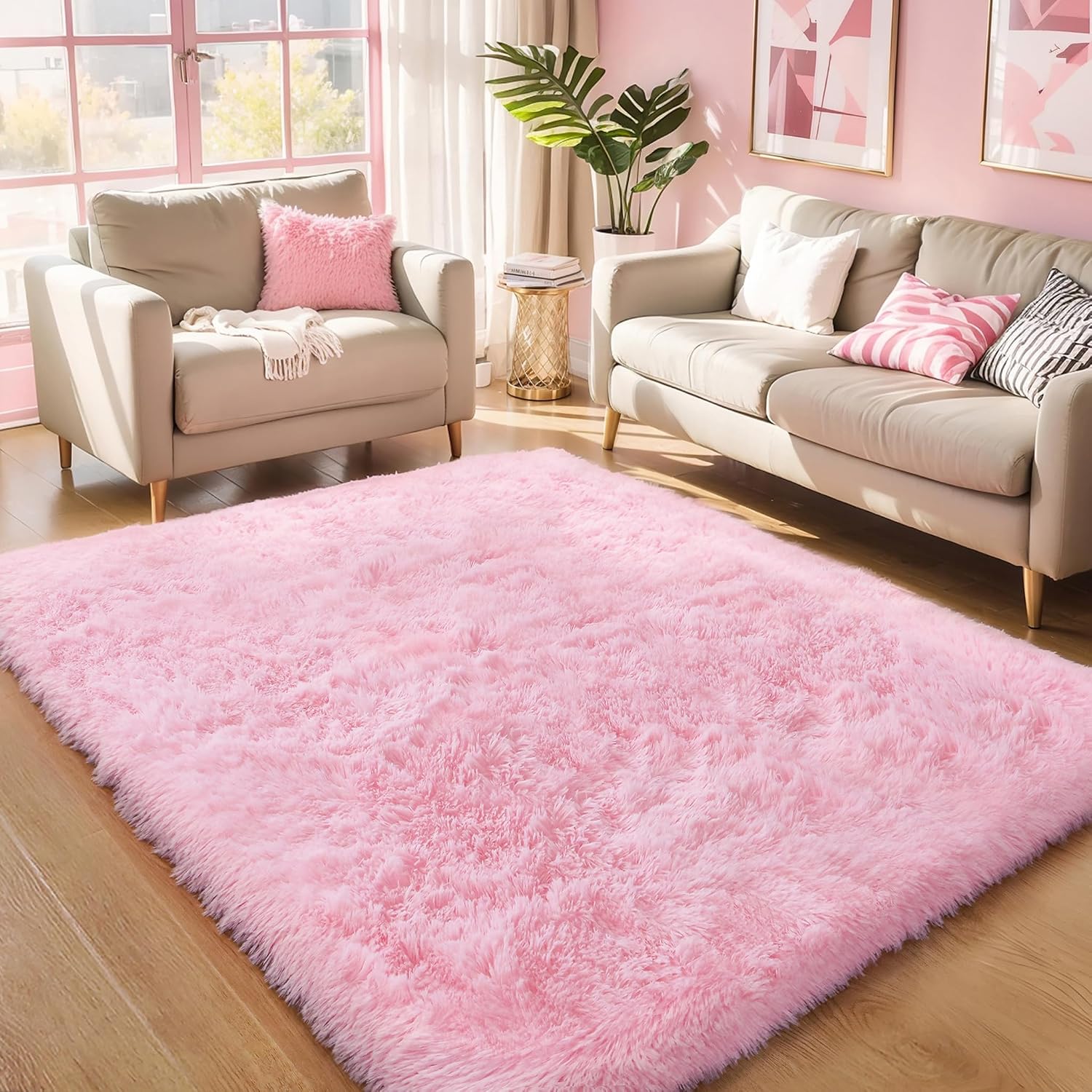 Pink Fluffy 4x6 Area Rugs for Bedroom Girls. Plush Washable Carpet | Area Rug for Kids Room. Nursery. Dorm Room. Non Slip Shaggy Floor Carpet