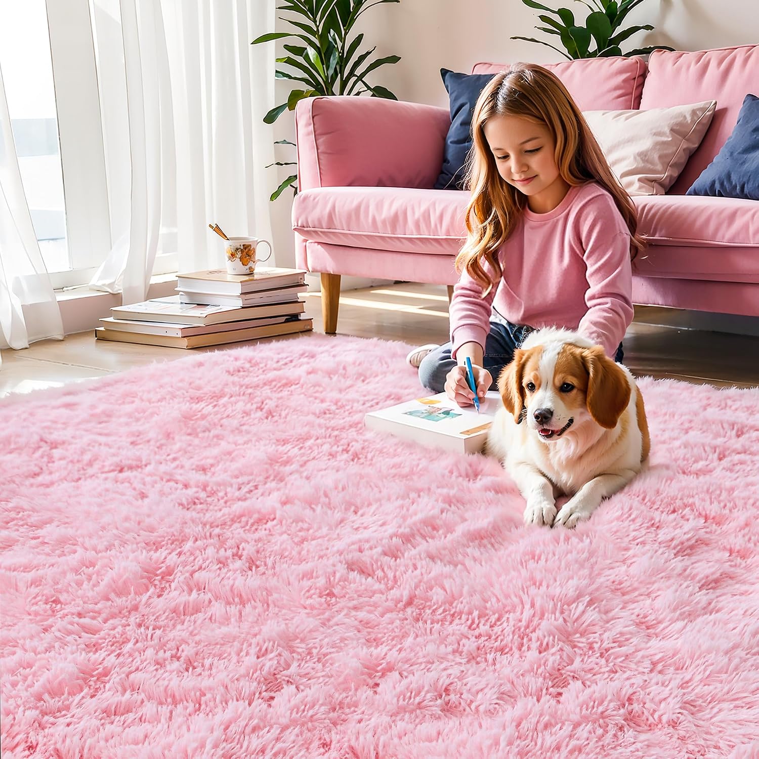 Pink Fluffy 4x6 Area Rugs for Bedroom Girls. Plush Washable Carpet | Area Rug for Kids Room. Nursery. Dorm Room. Non Slip Shaggy Floor Carpet - Image 2