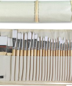Paint Brushes Set of 24 Pieces with Canvas Brush Case | Wooden Handles. 24 Different Types of Brushes. Nylon Hair. Professional. Oil. Acrylic and Watercolor Painting